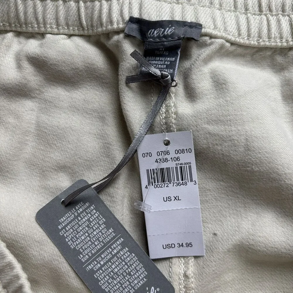 Aerie Cut Off Sweat Shorts Pull On Elastic Waist Size XL Cream Pockets NWT
